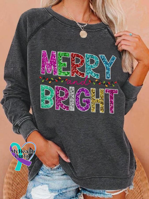 Merry&Bright Christmas Print Casual Sweatshirt Grey / S