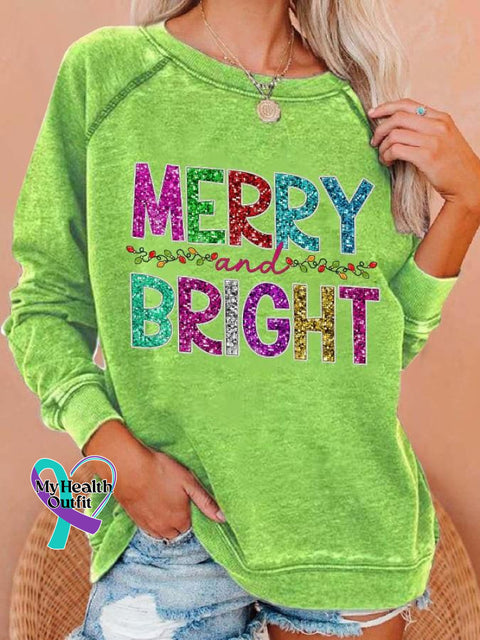 Merry&Bright Christmas Print Casual Sweatshirt Lightgreen / S