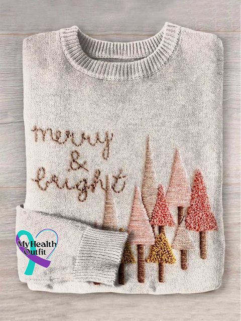 Merry & Bright Christmas Tree Print Knit Pullover Sweater Multicolor / S