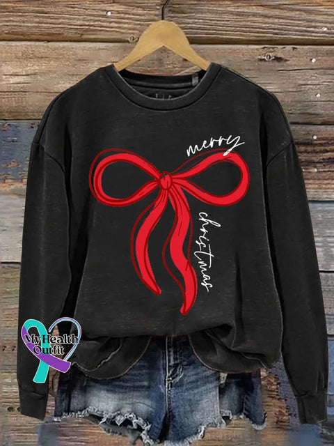 Merry Christmas Bow Print Casual Sweatshirt Black / S