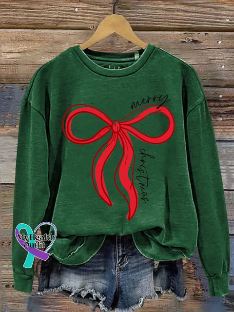 Merry Christmas Bow Print Casual Sweatshirt Green / S