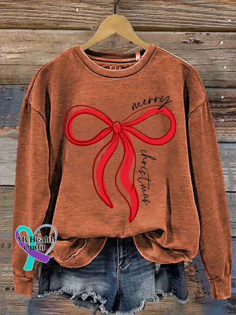 Merry Christmas Bow Print Casual Sweatshirt Orange / S