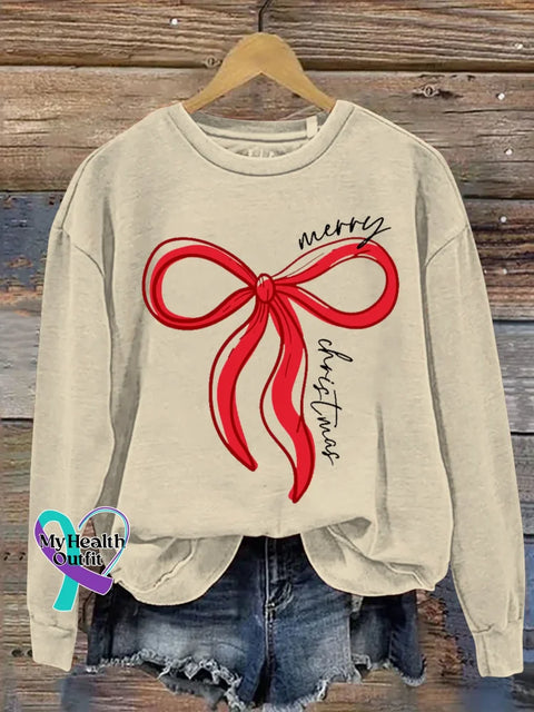 Merry Christmas Bow Print Casual Sweatshirt Sand / S