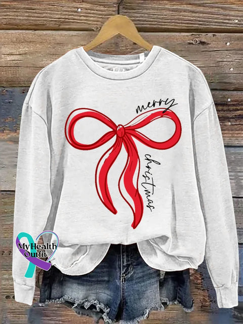 Merry Christmas Bow Print Casual Sweatshirt White / S
