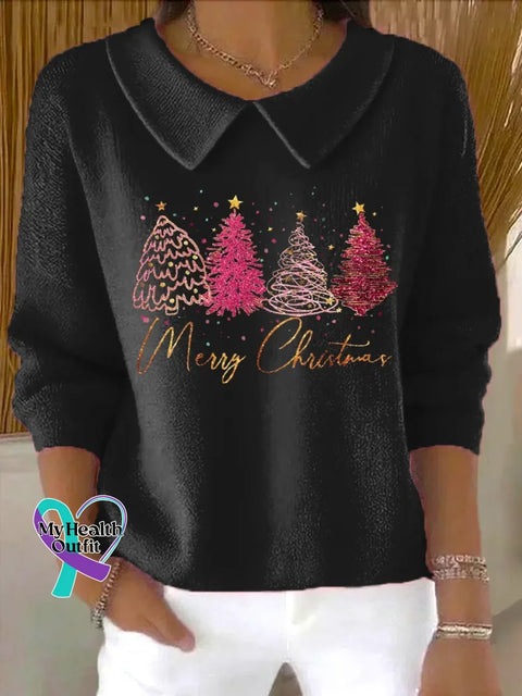 Merry Christmas Casual Peter Pan Collar 3/4 Sleeve Sweater Black / S