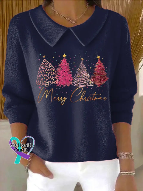 Merry Christmas Casual Peter Pan Collar 3/4 Sleeve Sweater Blue / S