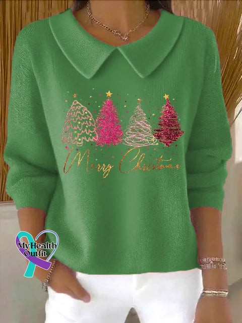 Merry Christmas Casual Peter Pan Collar 3/4 Sleeve Sweater Green / S