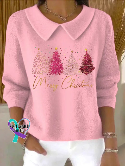 Merry Christmas Casual Peter Pan Collar 3/4 Sleeve Sweater Pink / S