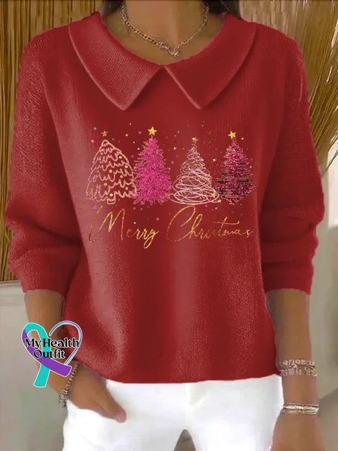 Merry Christmas Casual Peter Pan Collar 3/4 Sleeve Sweater Red / S
