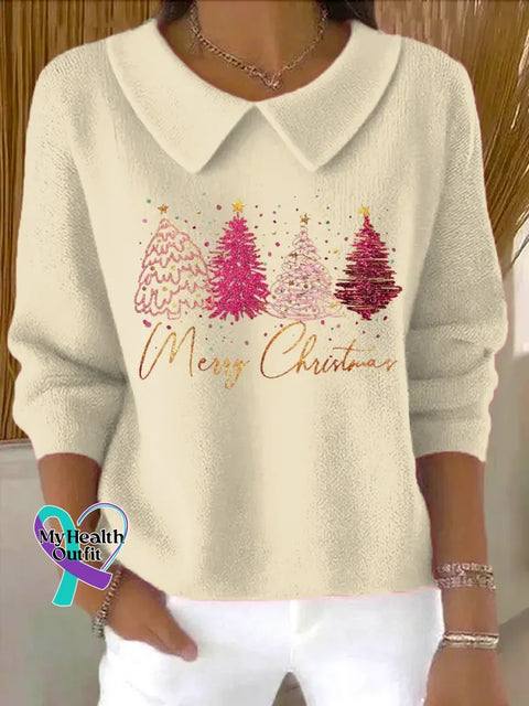Merry Christmas Casual Peter Pan Collar 3/4 Sleeve Sweater Sand / S