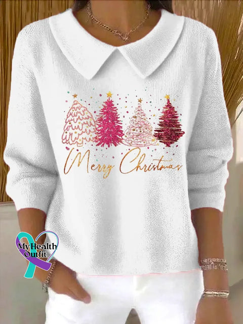 Merry Christmas Casual Peter Pan Collar 3/4 Sleeve Sweater White / S