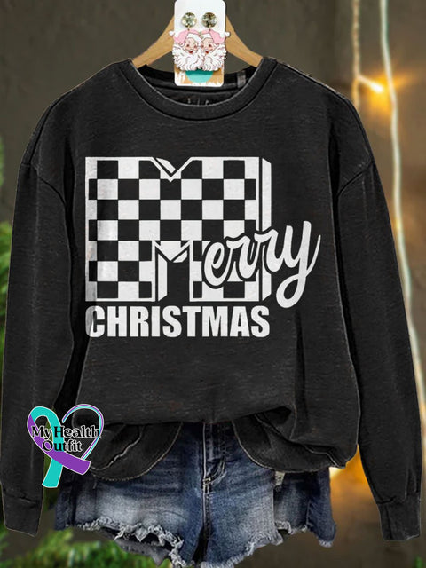Merry Christmas Checker Casual Sweatshirt Black / S