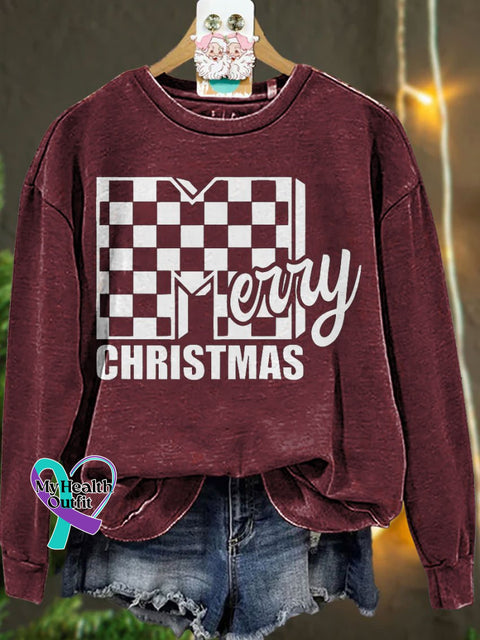 Merry Christmas Checker Casual Sweatshirt Maroon / S