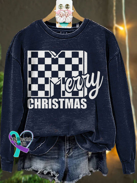 Merry Christmas Checker Casual Sweatshirt Navyblue / S