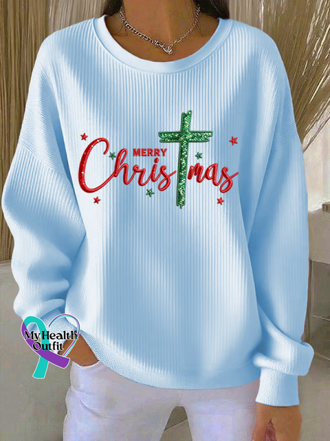 Merry Christmas Faith Print Casual Sweatshirt Blue / S