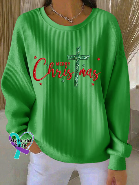 Merry Christmas Faith Print Casual Sweatshirt Green / S
