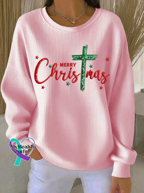 Merry Christmas Faith Print Casual Sweatshirt Pink / S