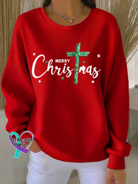 Merry Christmas Faith Print Casual Sweatshirt Red / S