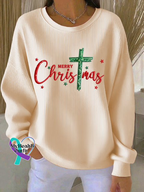 Merry Christmas Faith Print Casual Sweatshirt Yellow / S