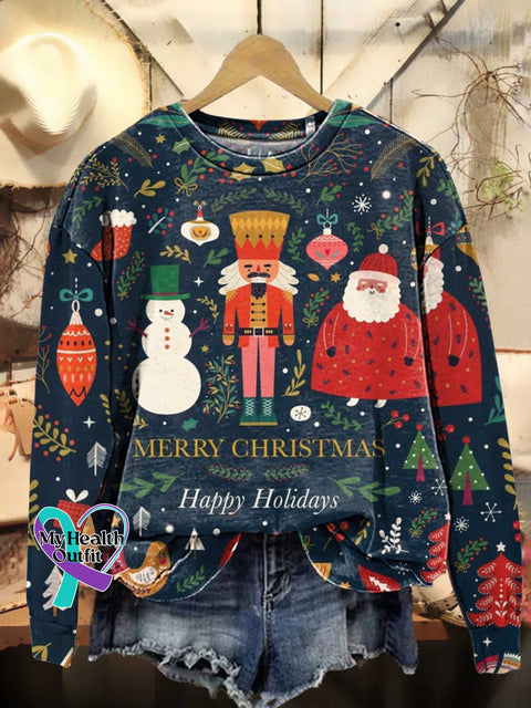 Merry Christmas Happy Holidays Santa Claus Nutcracker Snowman Casual Sweatshirt Multicolor / S
