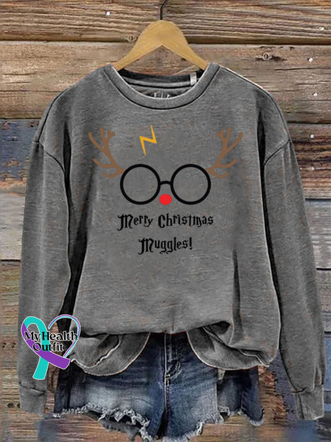 Merry Christmas Muggles Academy Cute Reindeer Funny Print Casual Sweatshirt Grey / S