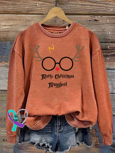 Merry Christmas Muggles Academy Cute Reindeer Funny Print Casual Sweatshirt Orange / S
