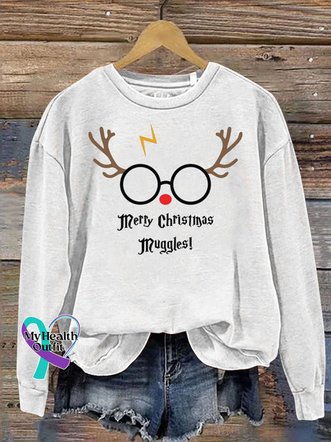 Merry Christmas Muggles Academy Cute Reindeer Funny Print Casual Sweatshirt White / S