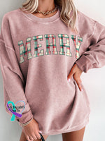 Merry Christmas Plaid Women’s Casual Print Corduroy Sweatshirt Pink / S