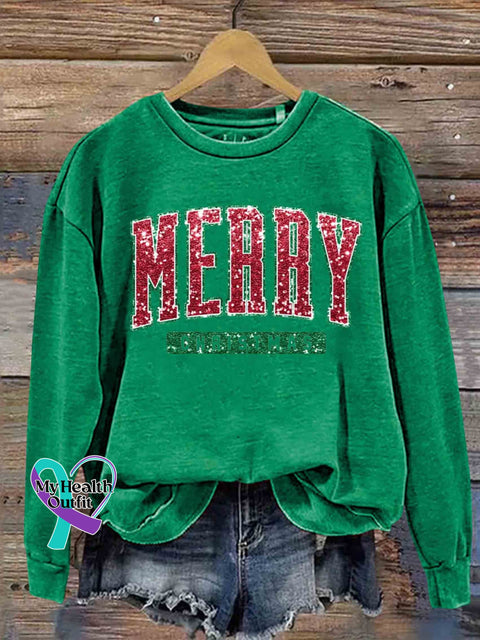 Merry Christmas Print Casual Sweatshirt Green / S