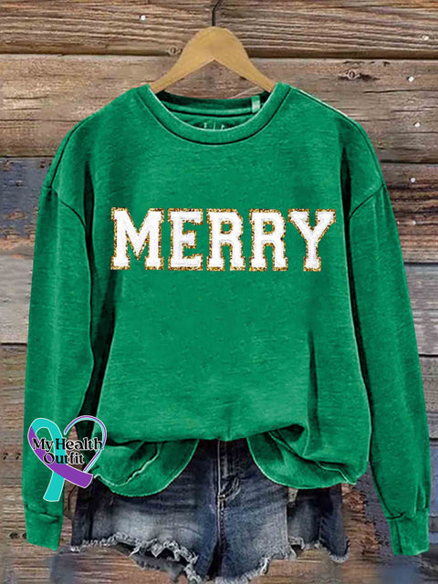 Merry Christmas Print Casual Sweatshirt Green / S