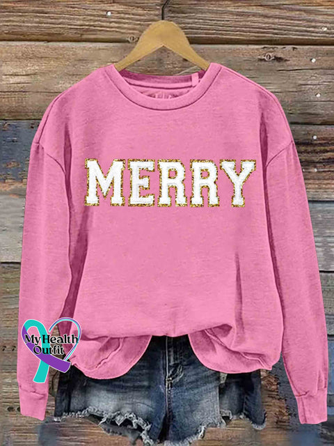 Merry Christmas Print Casual Sweatshirt Pink / S