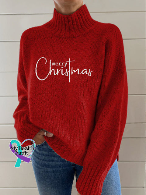 Merry Christmas Print Knit Turtleneck Pullover Sweater Red / S