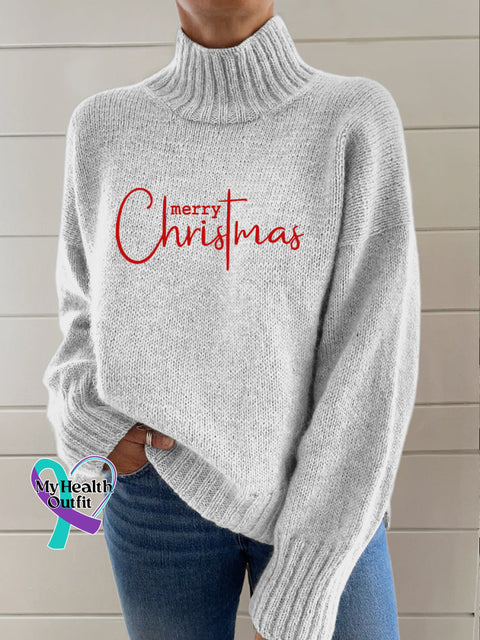 Merry Christmas Print Knit Turtleneck Pullover Sweater White / S
