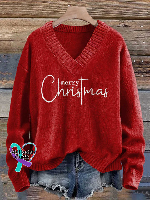 Merry Christmas Print Knit V-neck Pullover Sweater Red / S