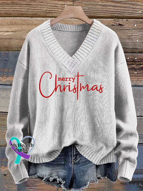 Merry Christmas Print Knit V-neck Pullover Sweater White / S
