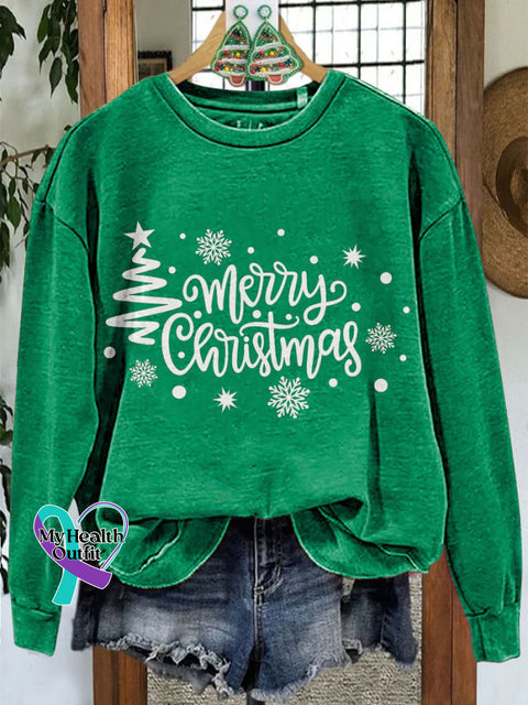 Merry Christmas Tree Casual Print Sweatshirt Green / S