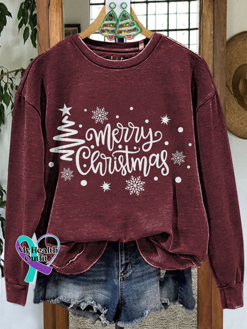 Merry Christmas Tree Casual Print Sweatshirt Maroon / S