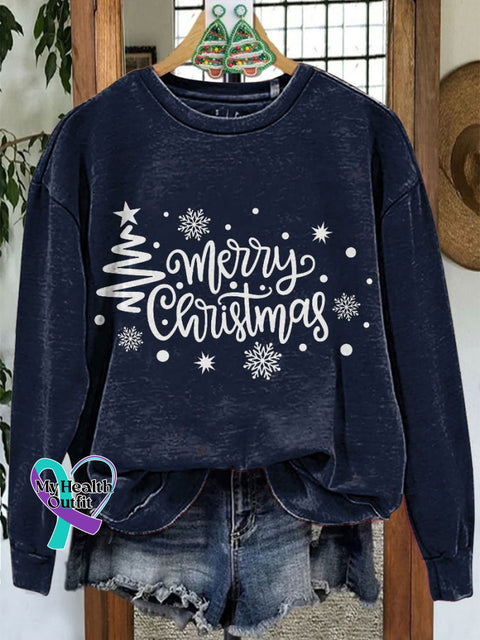 Merry Christmas Tree Casual Print Sweatshirt Navyblue / S