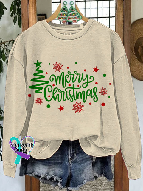 Merry Christmas Tree Casual Print Sweatshirt Sand / S