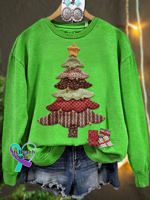 Merry Christmas Tree Print Casual Sweatshirt Green / S