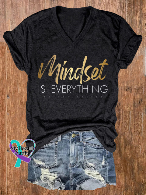 Mindset Is Everything Printed Casual V-Neck Short Sleeve T-Shirt Black / S