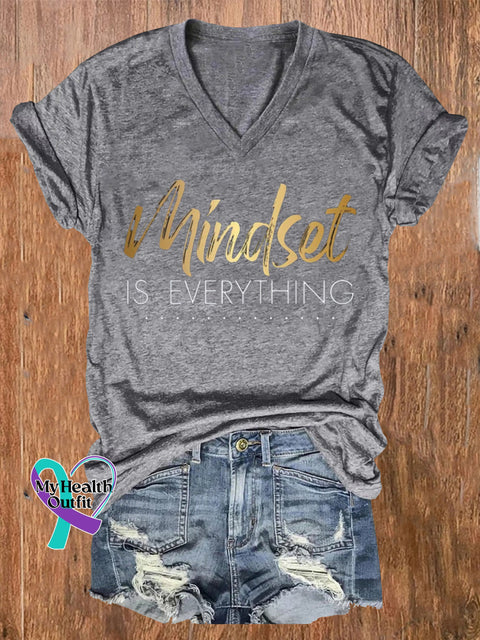 Mindset Is Everything Printed Casual V-Neck Short Sleeve T-Shirt Grey / S