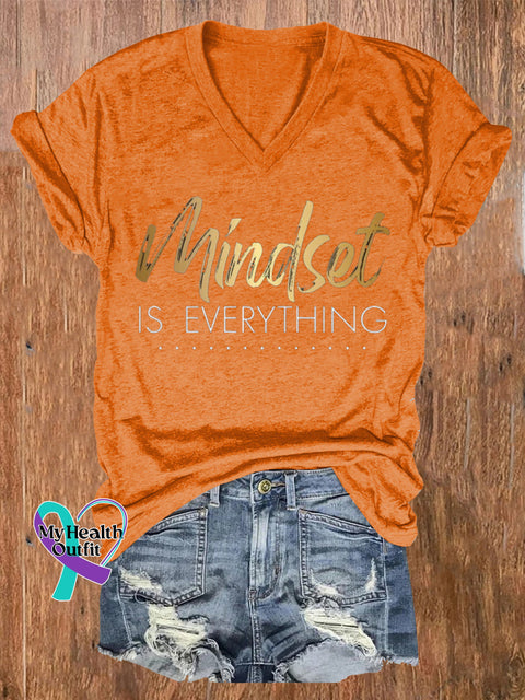 Mindset Is Everything Printed Casual V-Neck Short Sleeve T-Shirt Orange / S