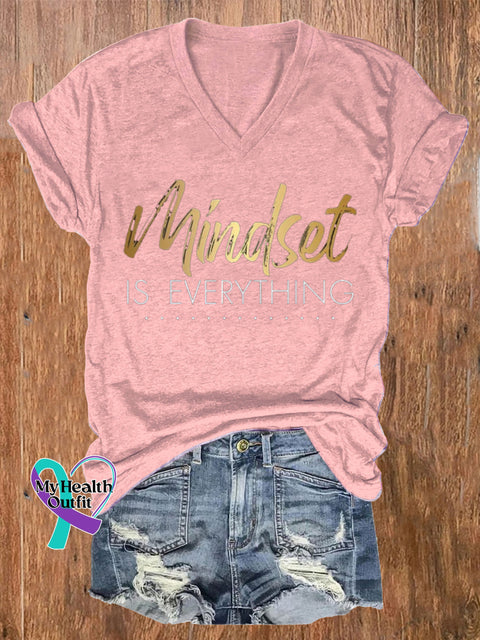 Mindset Is Everything Printed Casual V-Neck Short Sleeve T-Shirt Pink / S