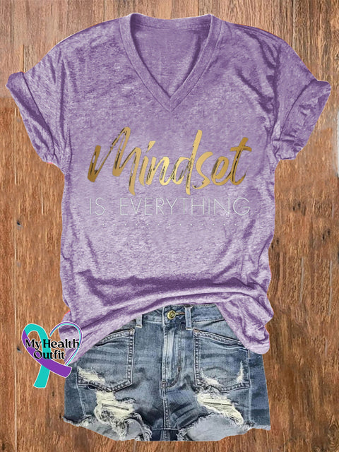 Mindset Is Everything Printed Casual V-Neck Short Sleeve T-Shirt Purple / S