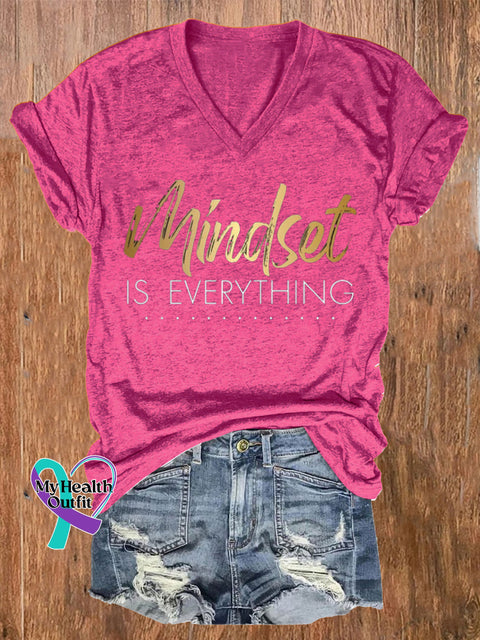 Mindset Is Everything Printed Casual V-Neck Short Sleeve T-Shirt RoseRed / S