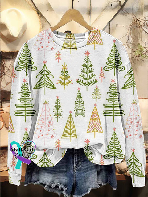 Minimalistic Christmas Trees Print Casual Sweatshirt Multicolor / S