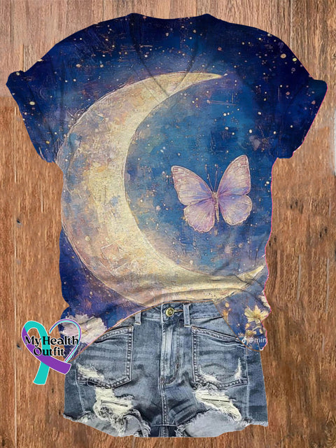 Moon Butterfly Floral Print Casual V-Neck Short Sleeve T-Shirt Multicolor / S