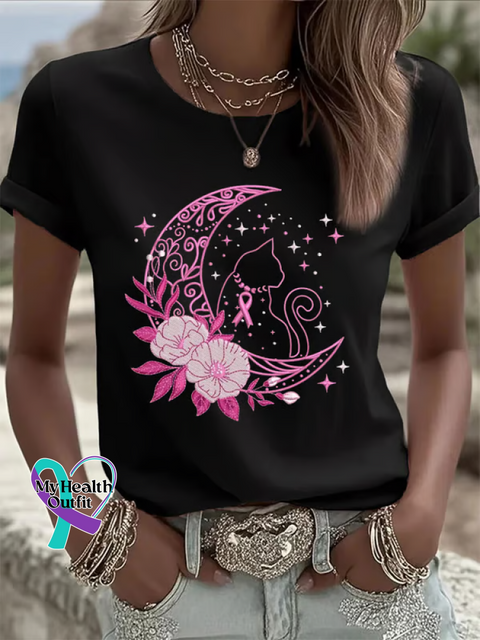 Moon Cat Breast Cancer Awareness T shirt Black / S