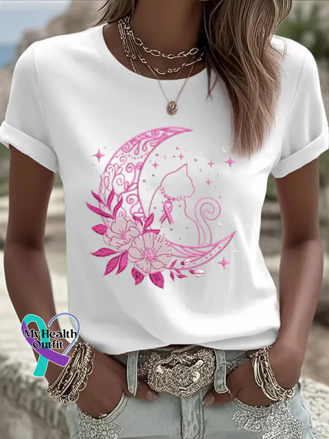 Moon Cat Breast Cancer Awareness T shirt White / S
